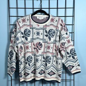 Vintage Knit Floral Grandma Sweater‎ Womens M Cream Cottagecore Coastal